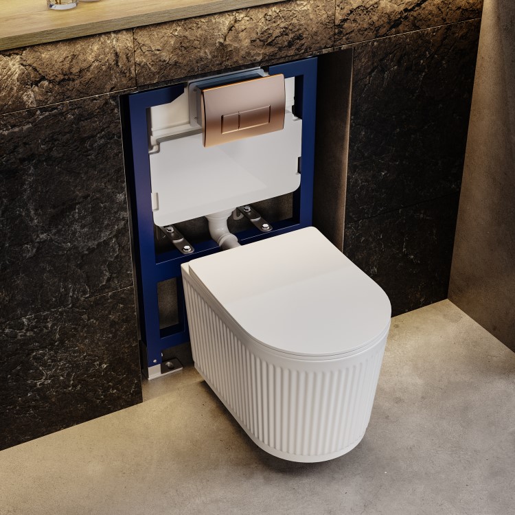 Fluted Wall Hung Toilet, 820mm Frame and Cistern & Brushed Bronze Pneumatic Flush Plate - Oregon