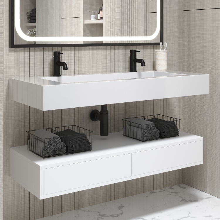 1200mm White Wall Hung Double Vanity Unit with Rectangular Basin - Oslo