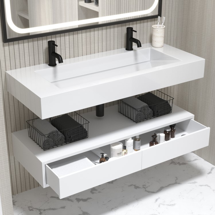 1200mm White Wall Hung Double Vanity Unit with Rectangular Basin - Oslo