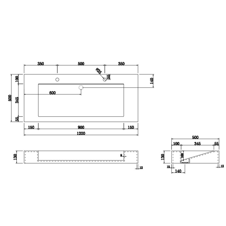 1200mm White Wall Hung Double Vanity Unit with Rectangular Basin - Oslo