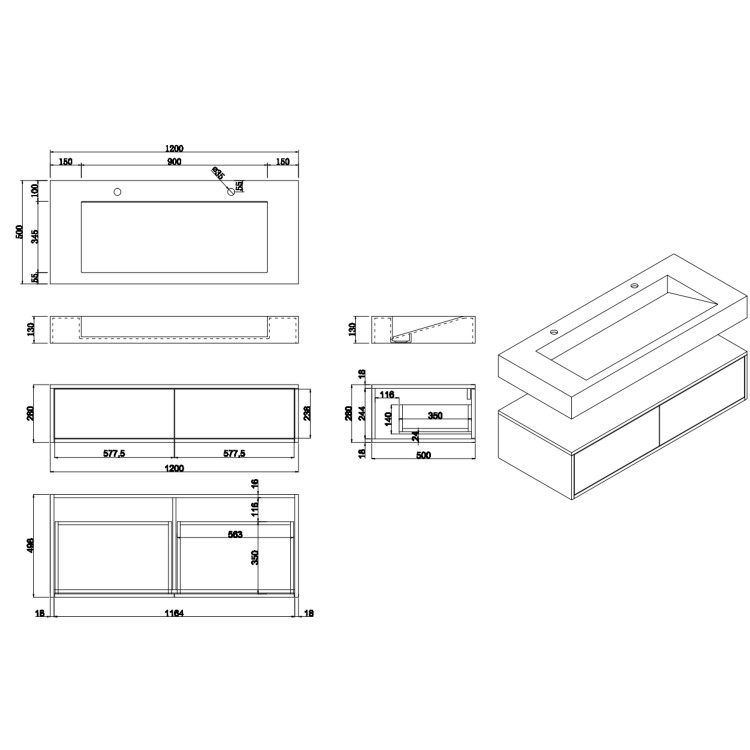1200mm White Wall Hung Double Vanity Unit with Rectangular Basin - Oslo