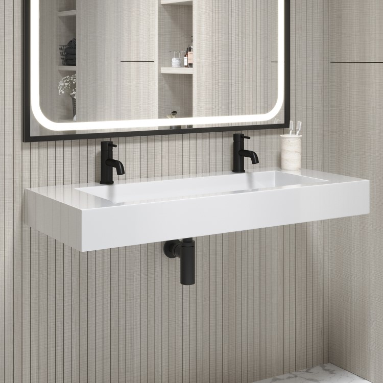 ONLY OPENED - White Rectangular Wall Hung Basin with Hidden Waste 1200mm - Oslo