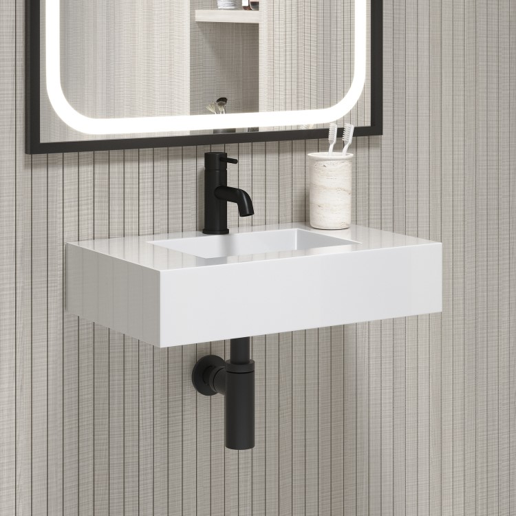 ONLY OPENED - 600mm Wall Hung Resin Basin with Built in Drain Gloss White- Oslo