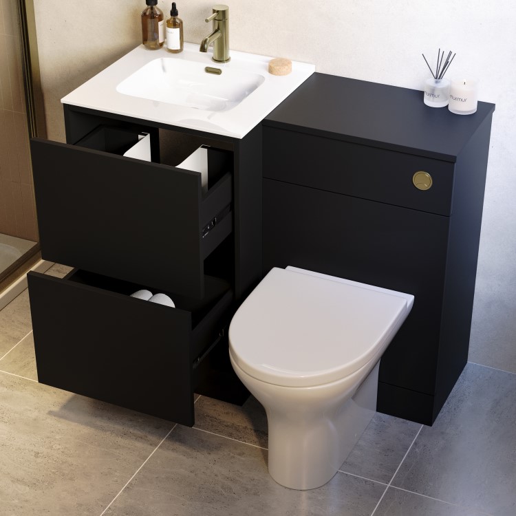 1000mm Black Toilet and Sink Unit with Round Toilet and Brushed Brass Push Button - Palma