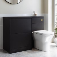 1100mm Black Left Hand Toilet and Sink Unit with Square Toilet and Brushed Brass Push Button - Palma 1100mm Black Left Hand Toilet and Sink Unit with Square Toilet and Brushed Brass Push Button - Palma