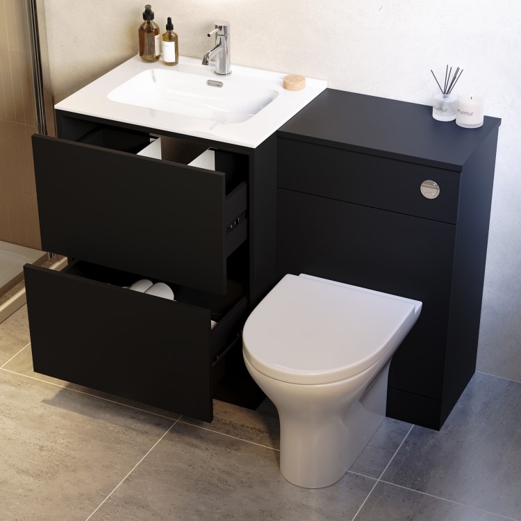 1100mm Black Toilet and Sink Unit with Round Toilet and Chrome Push Button - Palma