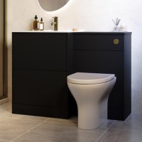 1100mm Black Toilet and Sink Unit with Round Toilet and Brushed Brass Push Button - Palma