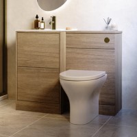 1000mm Oak Wood Effect Toilet and Sink Unit with Round Toilet and Brushed Brass Push Button - Palma
