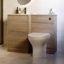 1000mm Oak Wood Effect Toilet and Sink Unit with Round Toilet and Brushed Brass Push Button - Palma