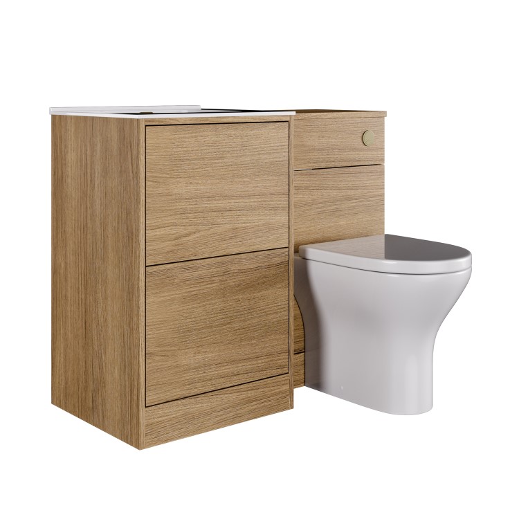 1000mm Oak Wood Effect Toilet and Sink Unit with Round Toilet and Brushed Brass Push Button - Palma