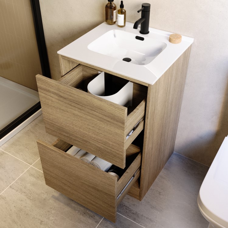 500mm Oak Wood Effect Freestanding Vanity Unit with Basin - Palma