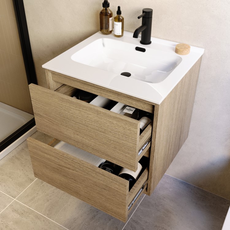 500mm Oak Wood Effect Wall Hung Vanity Unit with Basin - Palma
