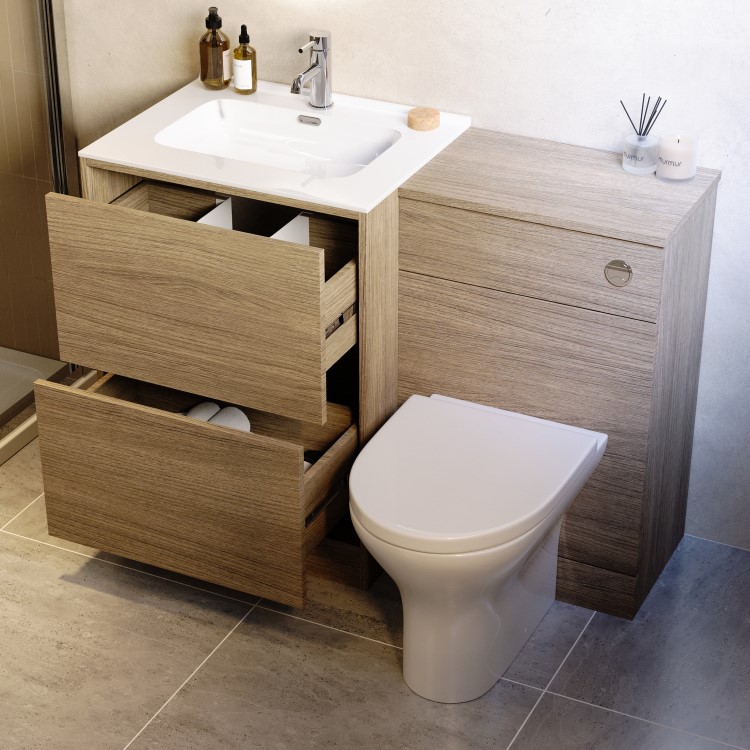 1100mm Oak Wood Effect Toilet and Sink Unit with Round Toilet and Chrome Push Button - Palma