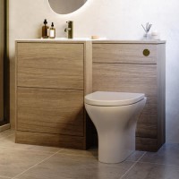 1100mm Oak Wood Effect Toilet and Sink Unit with Round Toilet and Brushed Brass Push Button - Palma