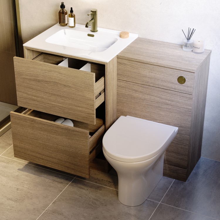 1100mm Oak Wood Effect Toilet and Sink Unit with Round Toilet and Brushed Brass Push Button - Palma