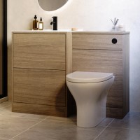 1100mm Oak Wood Effect Toilet and Sink Unit with Round Toilet and Matt Black Push Button - Palma