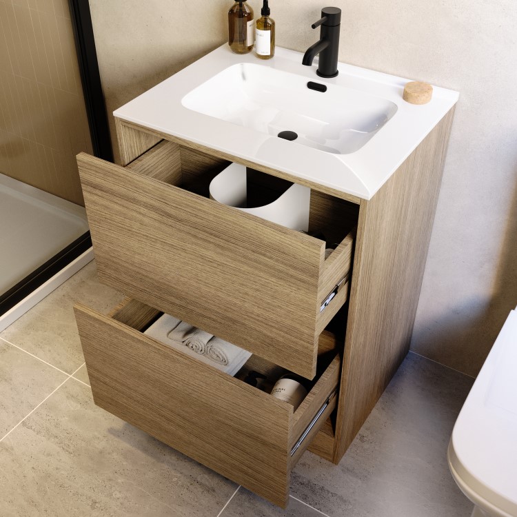 600mm Oak Wood Effect Freestanding Vanity Unit with Basin - Palma