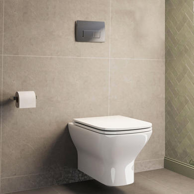 Wall Hung Rimless Toilet with Soft Close Seat, Chrome Pneumatic Flush Plate, 1168mm Frame & Cistern – Palma