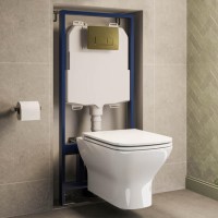 Wall Hung Rimless Toilet with Soft Close Seat, Brushed Brass Pneumatic Flush Plate, 1168mm Frame & Cistern – Palma
