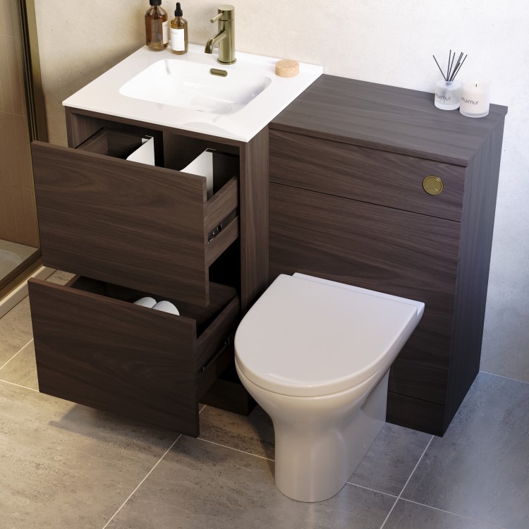 1000mm Walnut Wood Effect Toilet and Sink Unit with Round Toilet and Brushed Brass Push Button - Palma