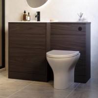 1100mm Walnut Wood Effect Toilet and Sink Unit with Round Toilet and Matt Black Push Button - Palma