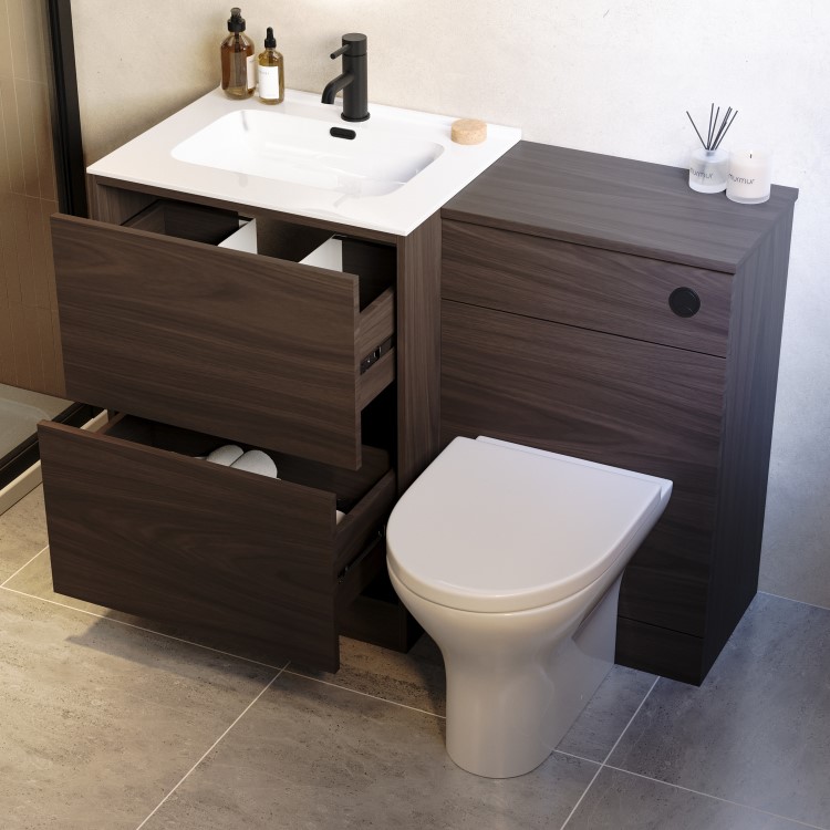 1100mm Walnut Wood Effect Toilet and Sink Unit with Round Toilet and Matt Black Push Button - Palma