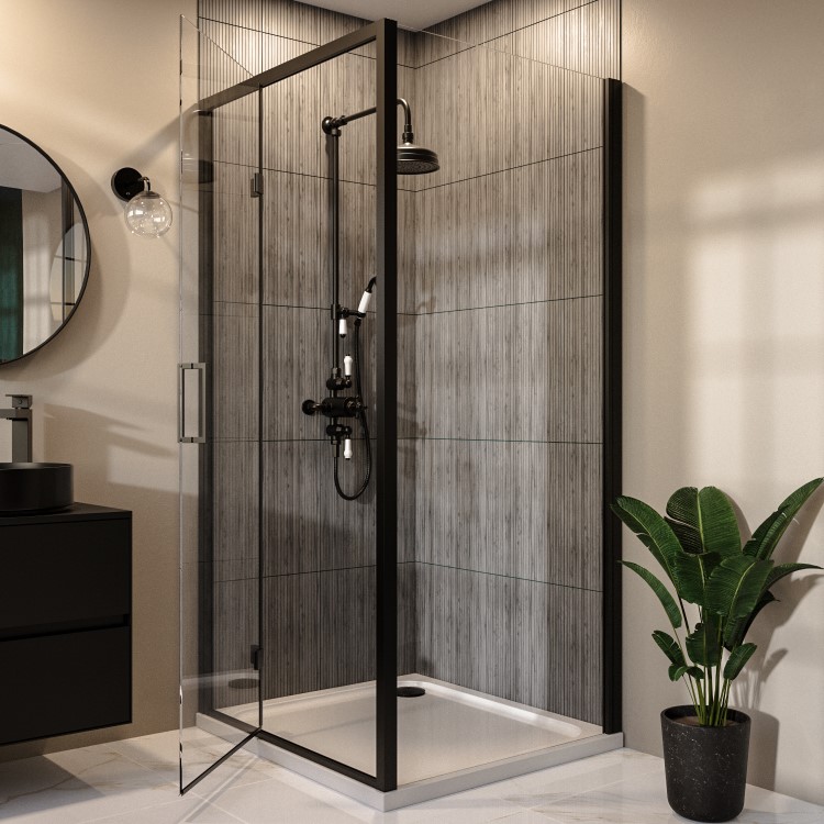 1000x800mm Black 8mm Glass Rectangular Hinged Shower Enclosure - Pavo