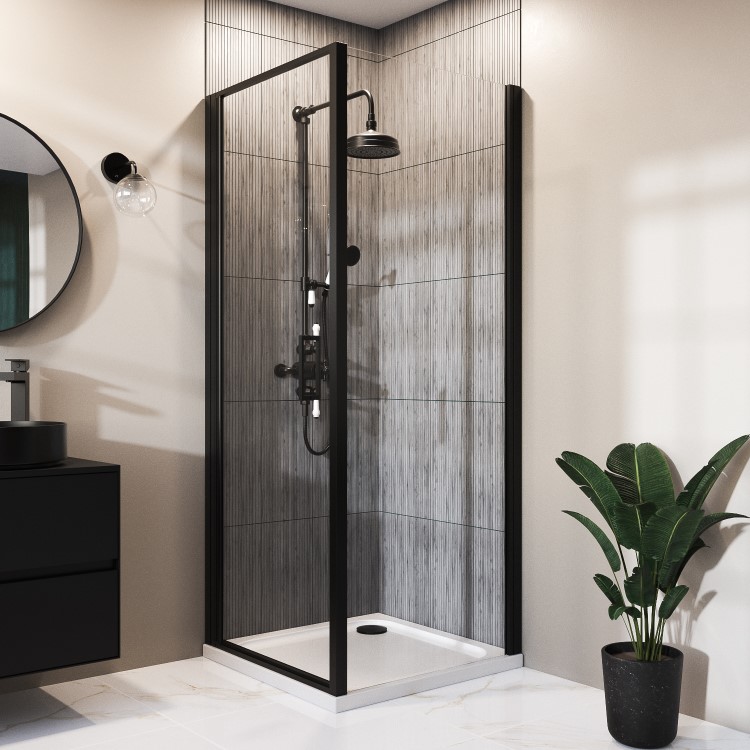 900x800mm Black 8mm Glass Rectangular Hinged Shower Enclosure - Pavo