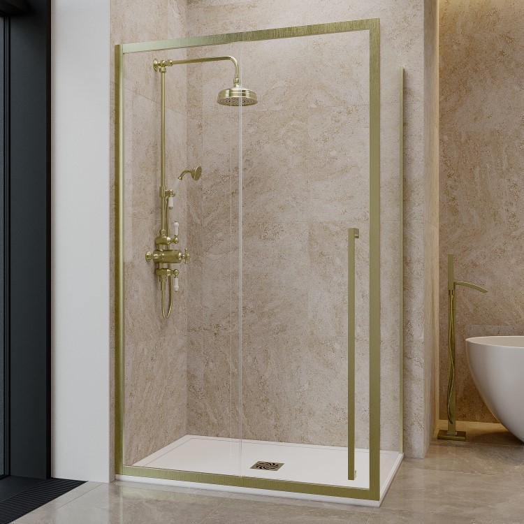 1000x800mm Brushed Brass 8mm Glass Sliding Shower Enclosure with Extended Handle - Pavo