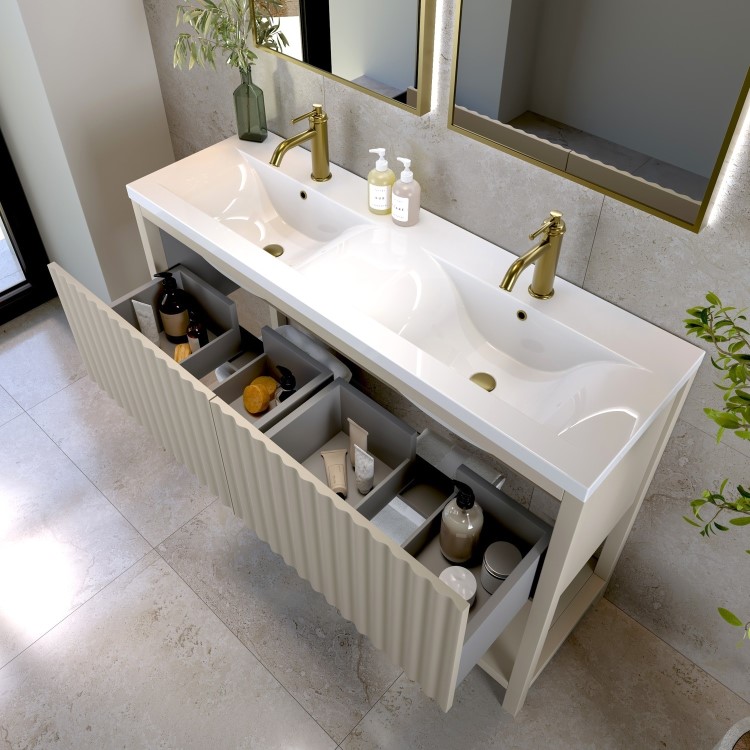 1200mm Beige Fluted Freestanding Double Vanity Unit with Basin - Perla