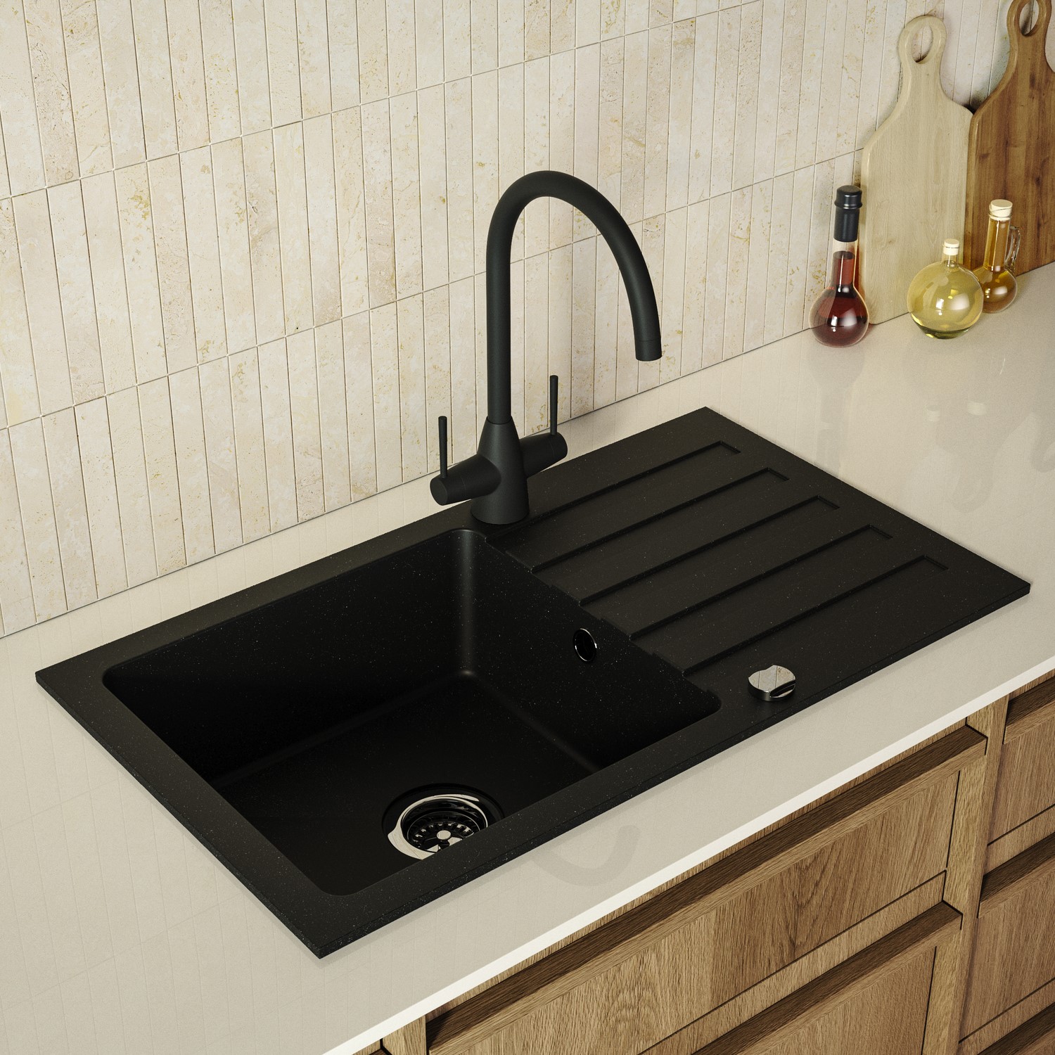 Single Bowl Inset Composite Kitchen Sink Reversible Drainer Dual Lever Mixer Tap set