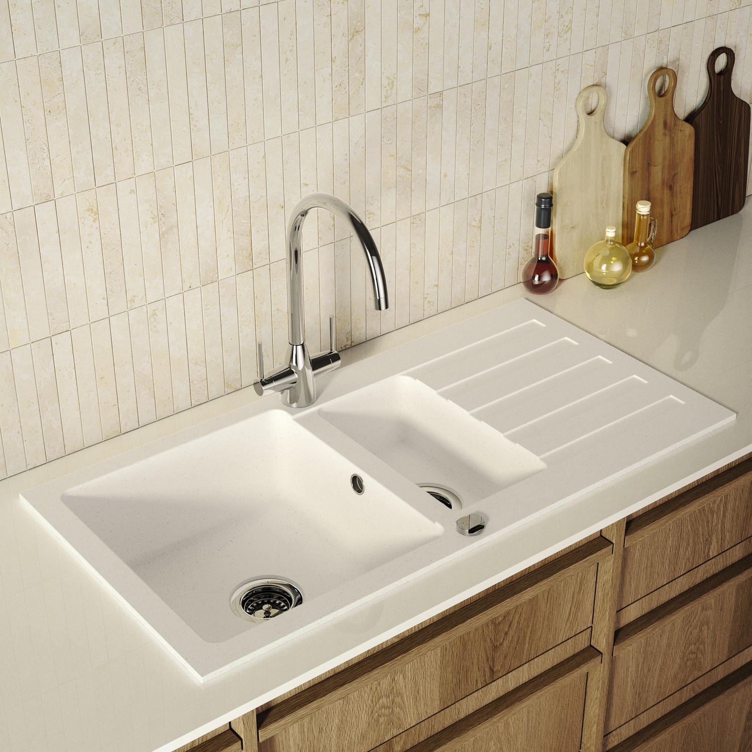1.5 Bowl Inset Composite Kitchen Sink Reversible Drainer Chrome Dual Lever kitchen Tap Set
