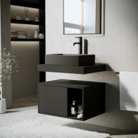 600mm Black Wall Hung Countertop Vanity Unit with Black Rectangular Basin and Shelves - Porto 600mm Black Wall Hung Countertop Vanity Unit with Black Rectangular Basin and Shelves - Porto