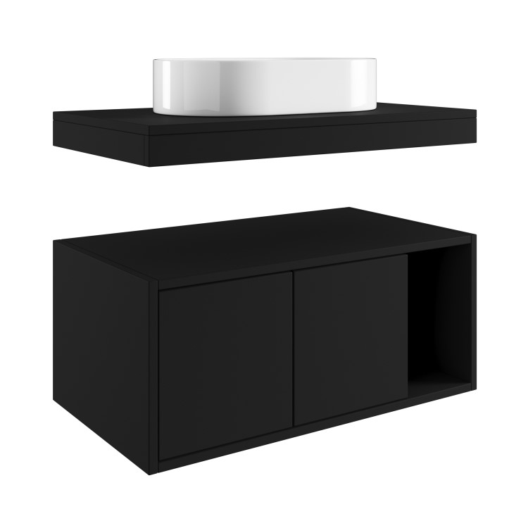 800mm Black Wall Hung Countertop Vanity Unit with Oval Basin and Shelves - Porto
