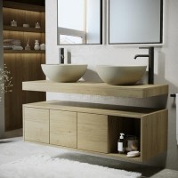 1200mm Wood Effect Wall Hung Double Countertop Vanity Unit with Unglazed Basins and Shelf - Porto 1200mm Wood Effect Wall Hung Double Countertop Vanity Unit with Unglazed Basins and Shelf - Porto