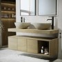 1200mm Wood Effect Wall Hung Double Countertop Vanity Unit with Unglazed Basins and Shelf - Porto