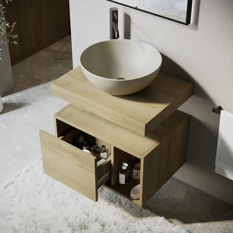 600mm Wood Effect Wall Hung Countertop Vanity Unit with Unglazed Basin and Shelf – Porto