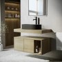 800mm Wood Effect Wall Hung Countertop Vanity Unit with Black Oval Basin and Shelf - Porto