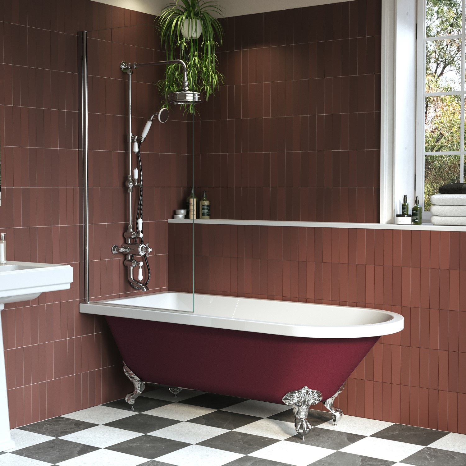Burgandy Freestanding Single Ended Shower Bath Chrome Screen & Feet 1670 x 740mm