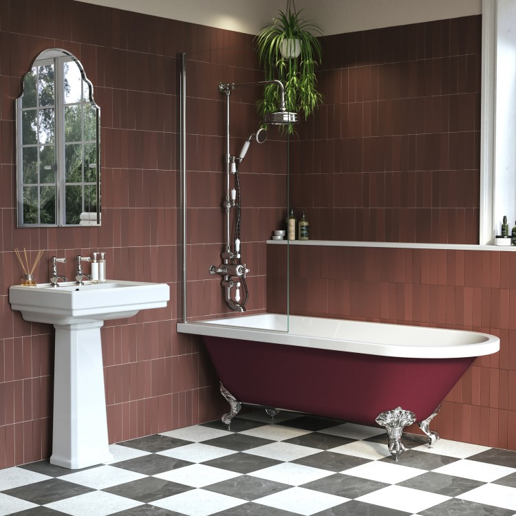 Burgandy Freestanding Single Ended Shower Bath with Chrome Screen & Feet 1670 x 740mm - Park Royal