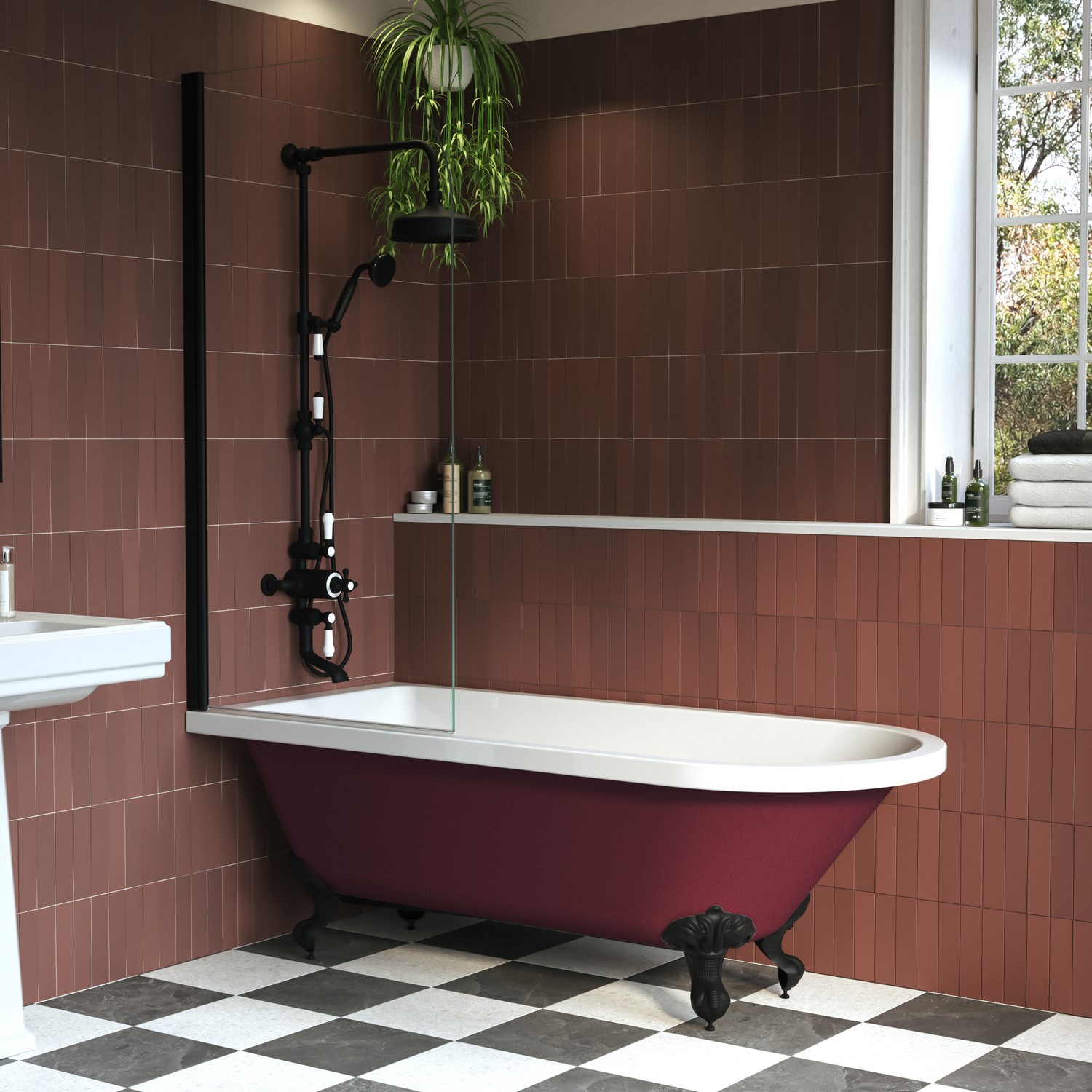 Burgandy Freestanding Single Ended Shower Bath Screen & Feet 1670 x 740mm
