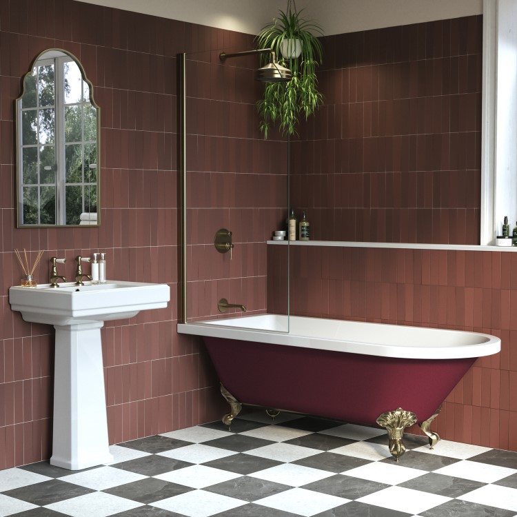 Burgundy Freestanding Single Ended Shower Bath with Brushed Brass Screen & Feet 1670 x 740mm - Park Royal