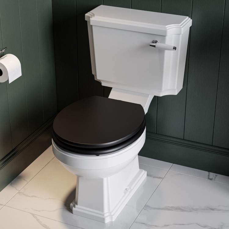 Close Coupled Traditional Toilet with Black Wooden Soft Close Seat & Chrome Flush Lever - Park Royal