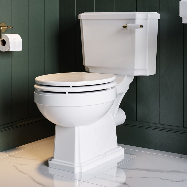Traditional Close Coupled Toilet with Wooden Soft Close Seat & Brushed Brass Handle - Park Royal