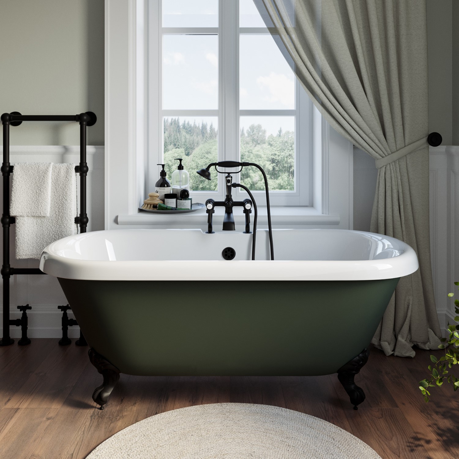 Freestanding Dark Green Double Ended Roll Top Bath Black Feet 1515 x 740mm