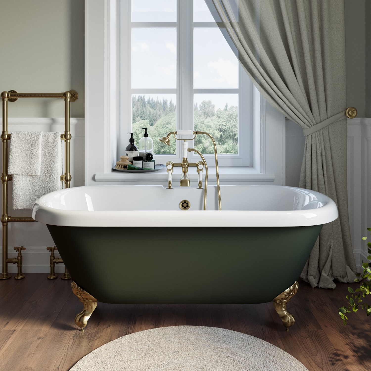 Freestanding Dark Green Double Ended Roll Top Bath Brass Feet 1515 x 740mm