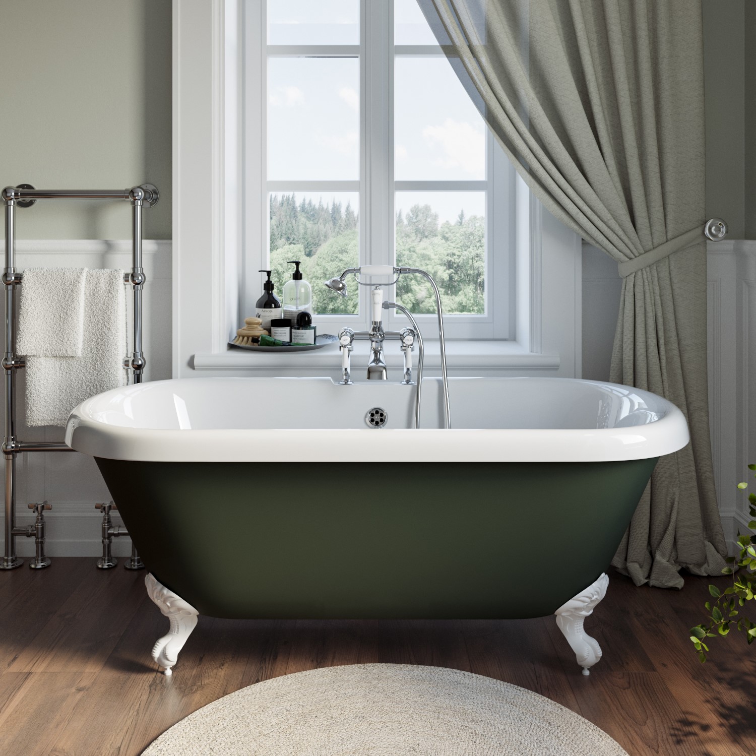 Freestanding Dark Green Double Ended Roll Top Bath White Feet 1515 x 740mm