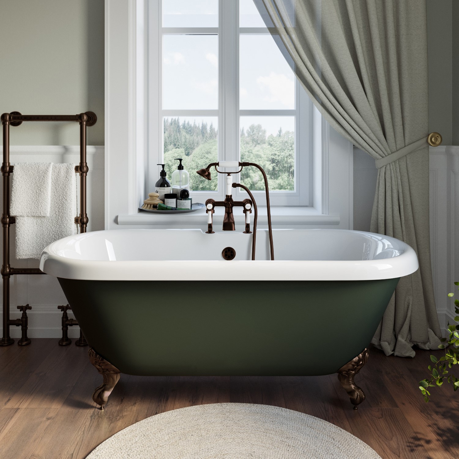 Freestanding Dark Green Double Ended Roll Top Bath Bronze Feet 1515 x 740mm