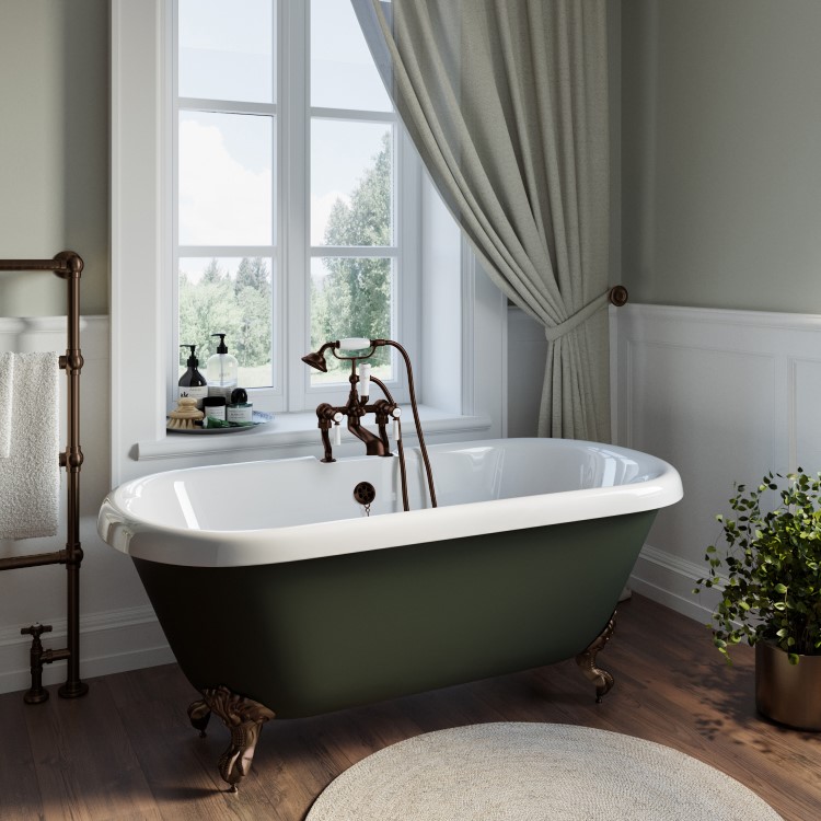 Freestanding Dark Green Double Ended Roll Top Bath with Bronze Feet 1515 x 740mm - Park Royal