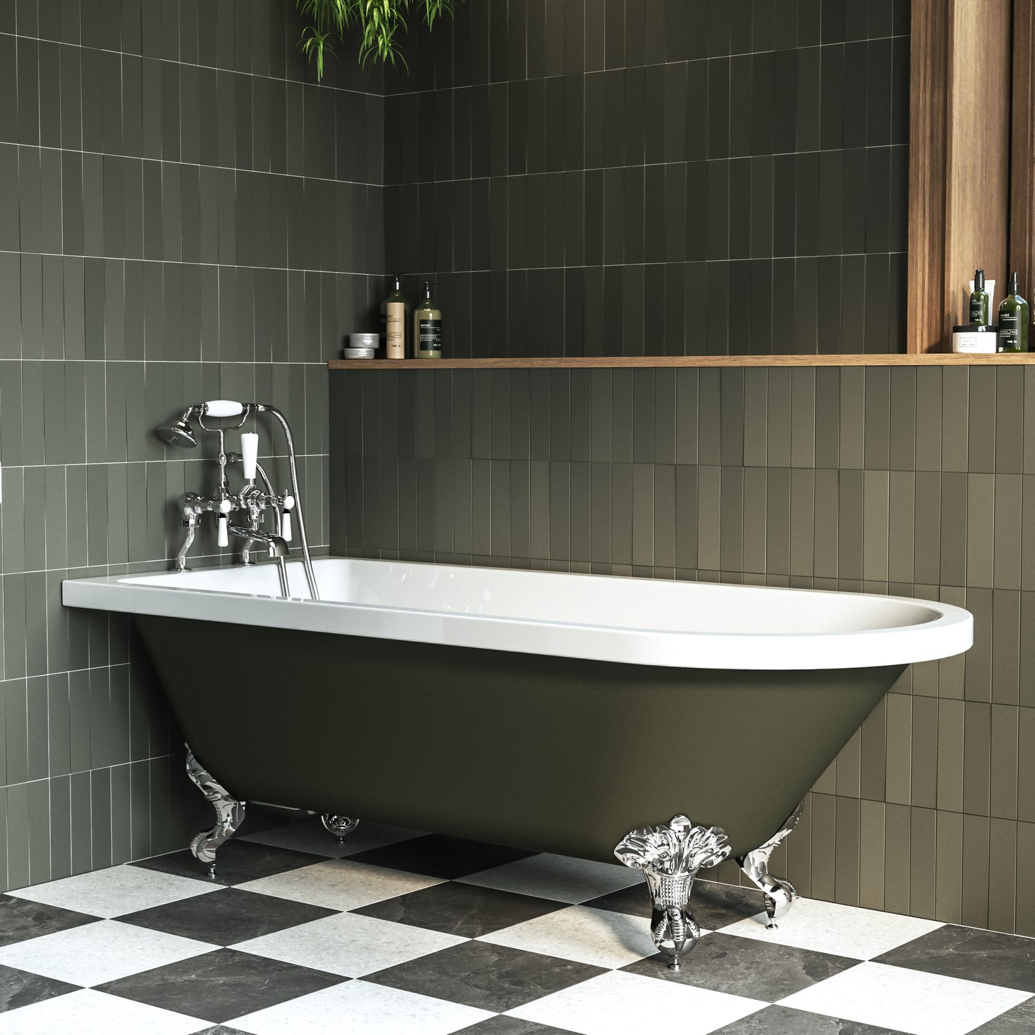 Dark Green Freestanding Single Ended Bath Chrome Feet 1670 x 740mm